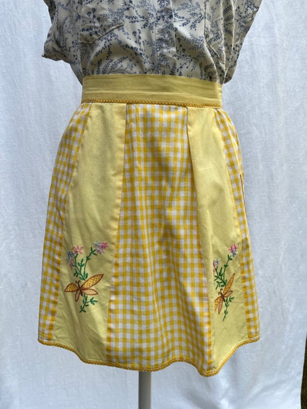 Vintage Handmade Embroidered Apron Yellow Gingham